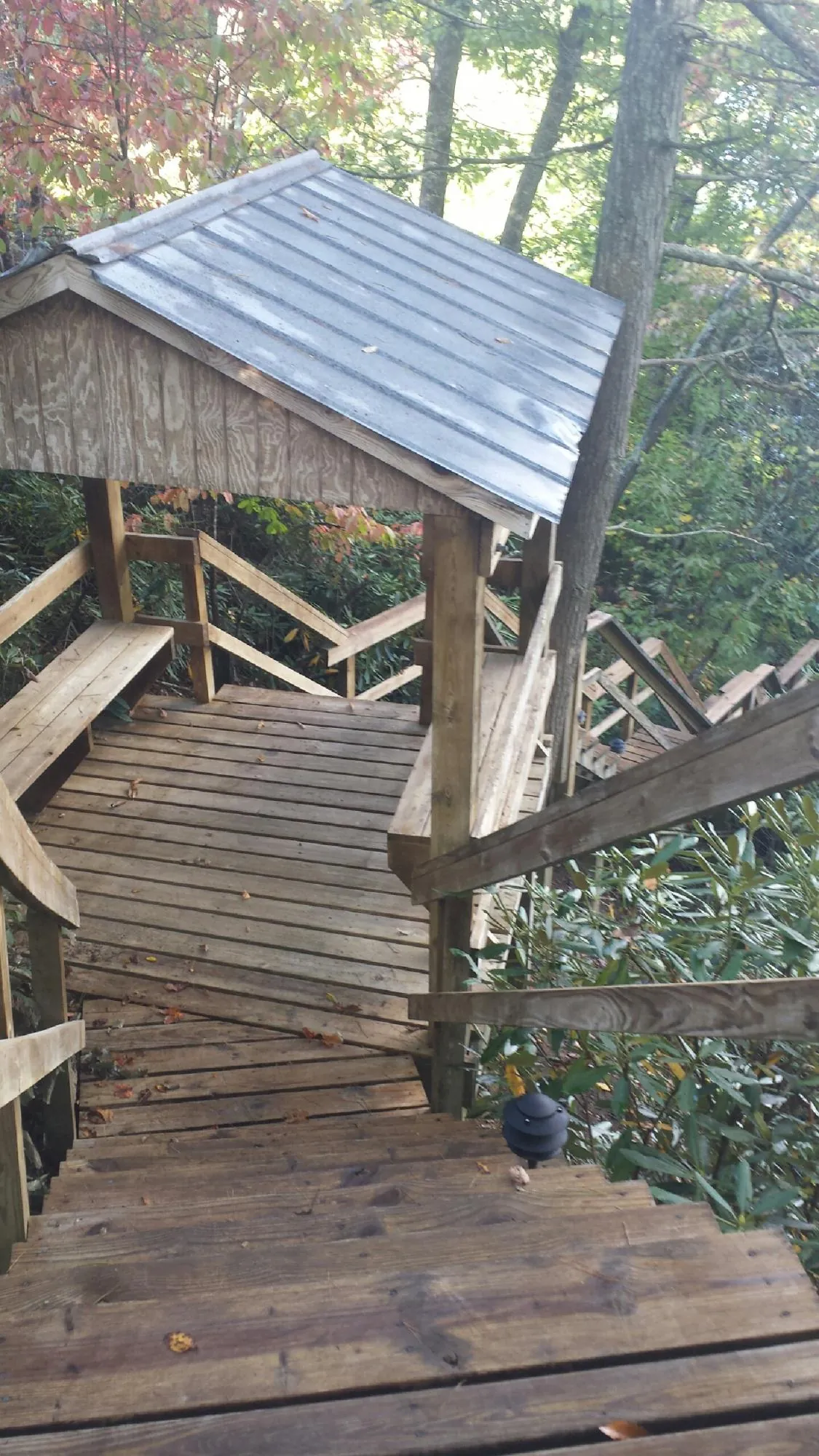 Metal roofed shelter over wooden steps on a wooded walkway — Skylight Repair & Installation work by our crew in Ten Mile